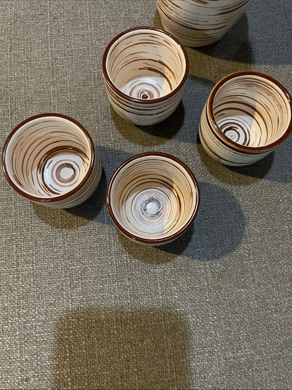 Pier 1 Imports vintage Ivory Brown Sushi & Sake Set Carafe 4 Sake Cups